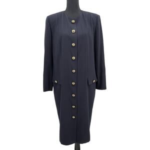 Louis‎ Feraud Navy Wool Gold Buttons Lined Shirt Dress Womens 12